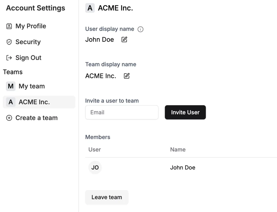 A companion settings screen with profile and team-management controls and sample account data.