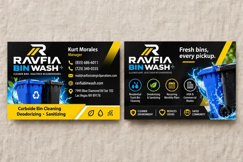Business-card mockup: black and yellow identity, bin imagery and service icons.