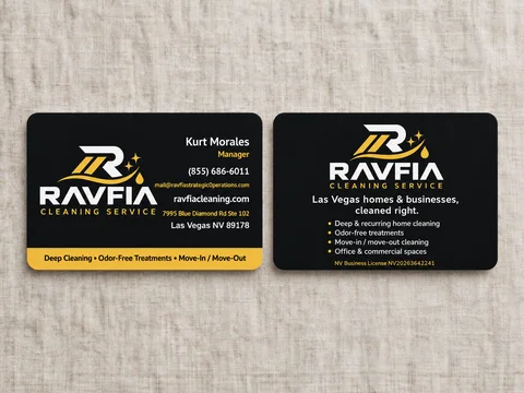 A two-sided business-card presentation with a shared black-and-yellow identity.