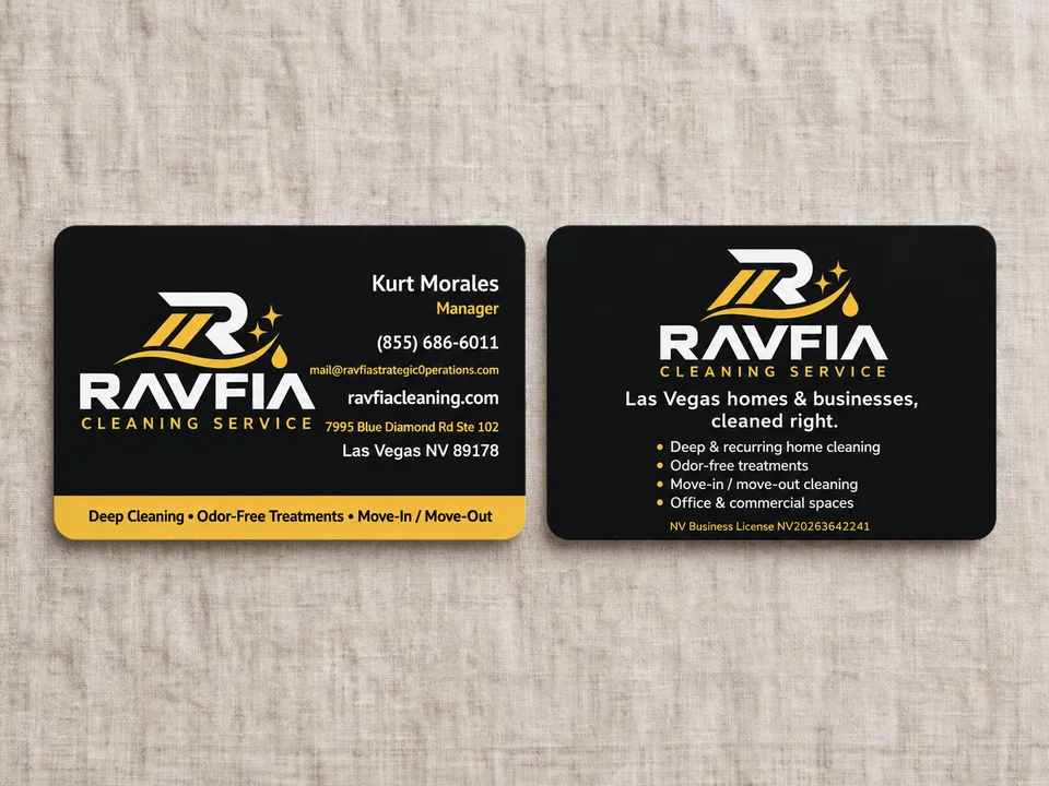 A two-sided business-card presentation with a shared black-and-yellow identity.