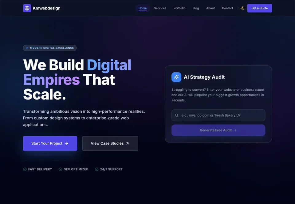 Dark blue and violet homepage with a strategy-audit panel and a strong typographic introduction.