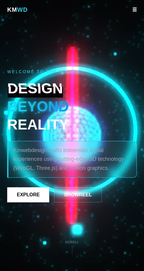 A dark homepage hero with DESIGN BEYOND REALITY typography and a cyan-and-magenta 3D ring behind the text.