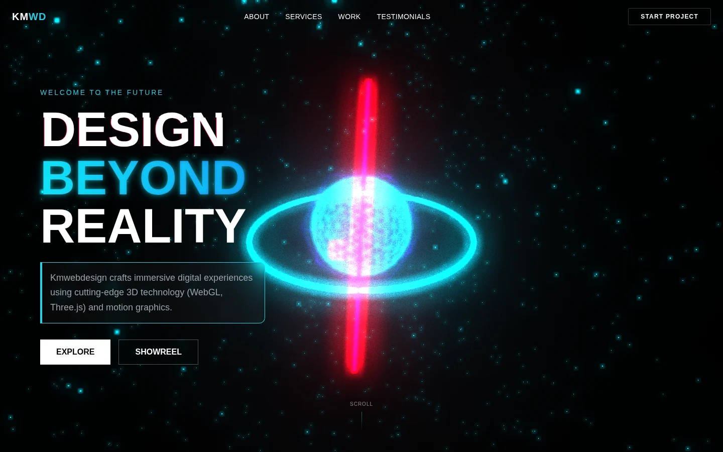 A dark homepage hero with DESIGN BEYOND REALITY typography and a cyan-and-magenta 3D ring behind the text.