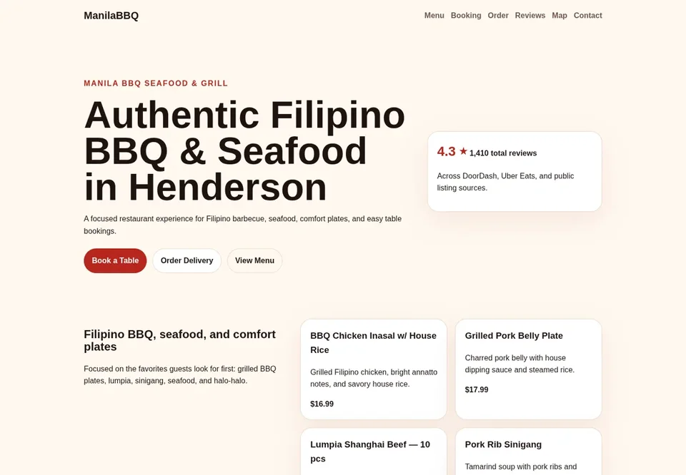 Cream and brick-red restaurant page with menu, ordering and location entry points.