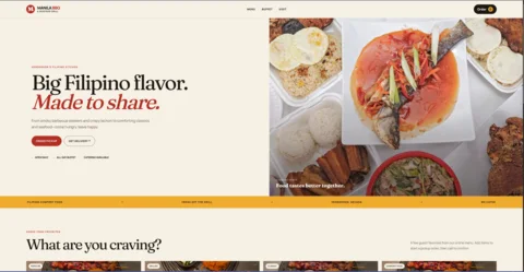 A separate restaurant layout pairs oversized food photography with an editorial headline.