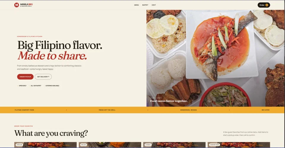 A separate restaurant layout pairs oversized food photography with an editorial headline.