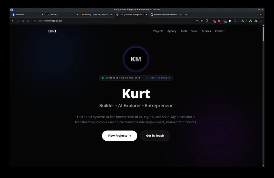 A minimal centered introduction with project and contact entry points.