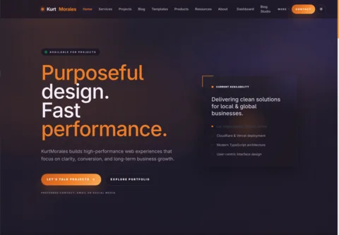 An alternate portfolio direction with warm accents and a split-screen introduction.