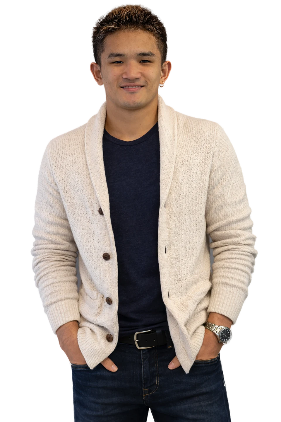 Personal portrait in a cream cardigan, background removed