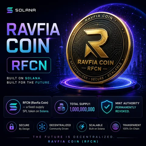 A gold-and-violet promotional graphic. Shown only as visual design, not a token endorsement or verification of the claims in the artwork.