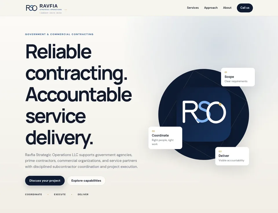 A restrained blue-and-white service homepage built around contracting and accountability.