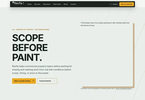 A pale, typographic service page with yellow wayfinding accents and a scope-first message.