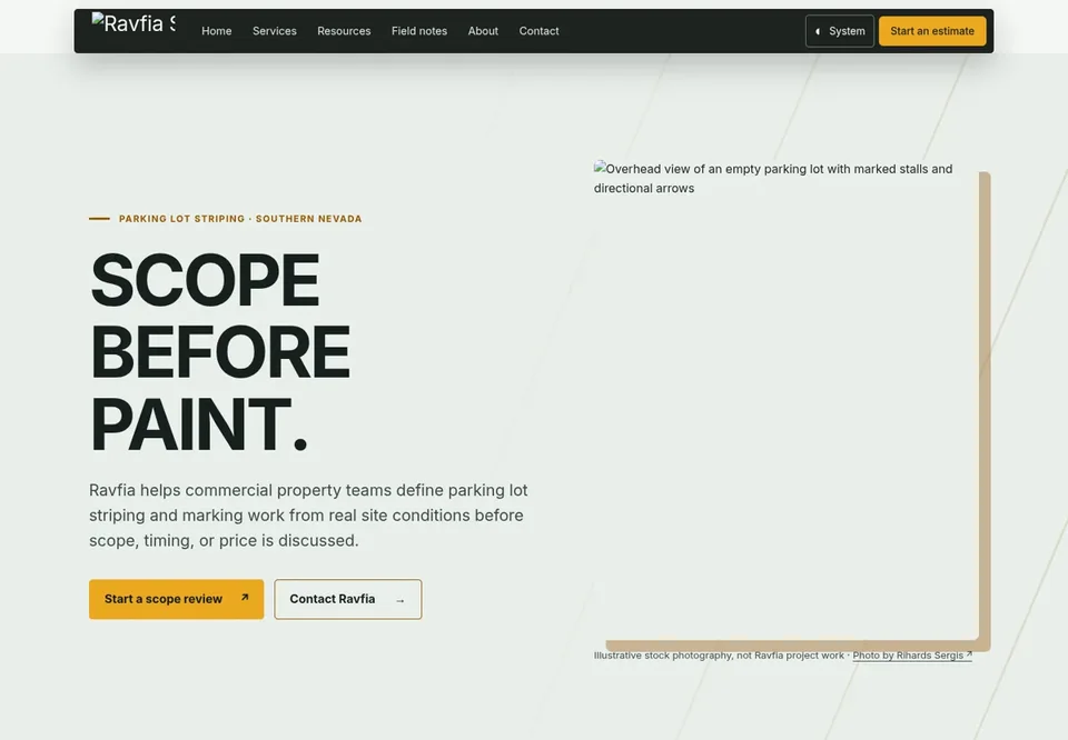 A pale, typographic service page with yellow wayfinding accents and a scope-first message.