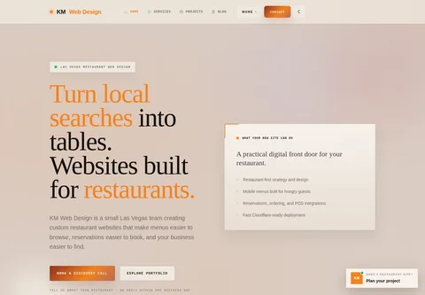 Warm editorial typography and an orange accent frame a restaurant-web-design offer.