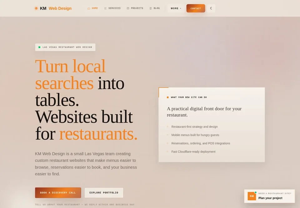 Warm editorial typography and an orange accent frame a restaurant-web-design offer.