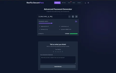 A dark utility interface with password settings and a strength indicator. This is a design screenshot, not a functioning tool here.