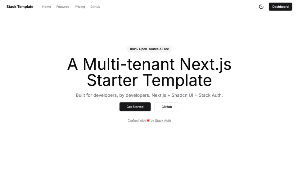 Kurt's multi-tenant Next.js starter-template landing-page design with a light hero and paired actions.
