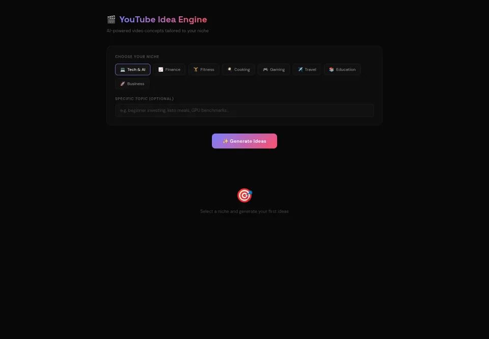 A dark idea-generation interface with controls for shaping a video concept.