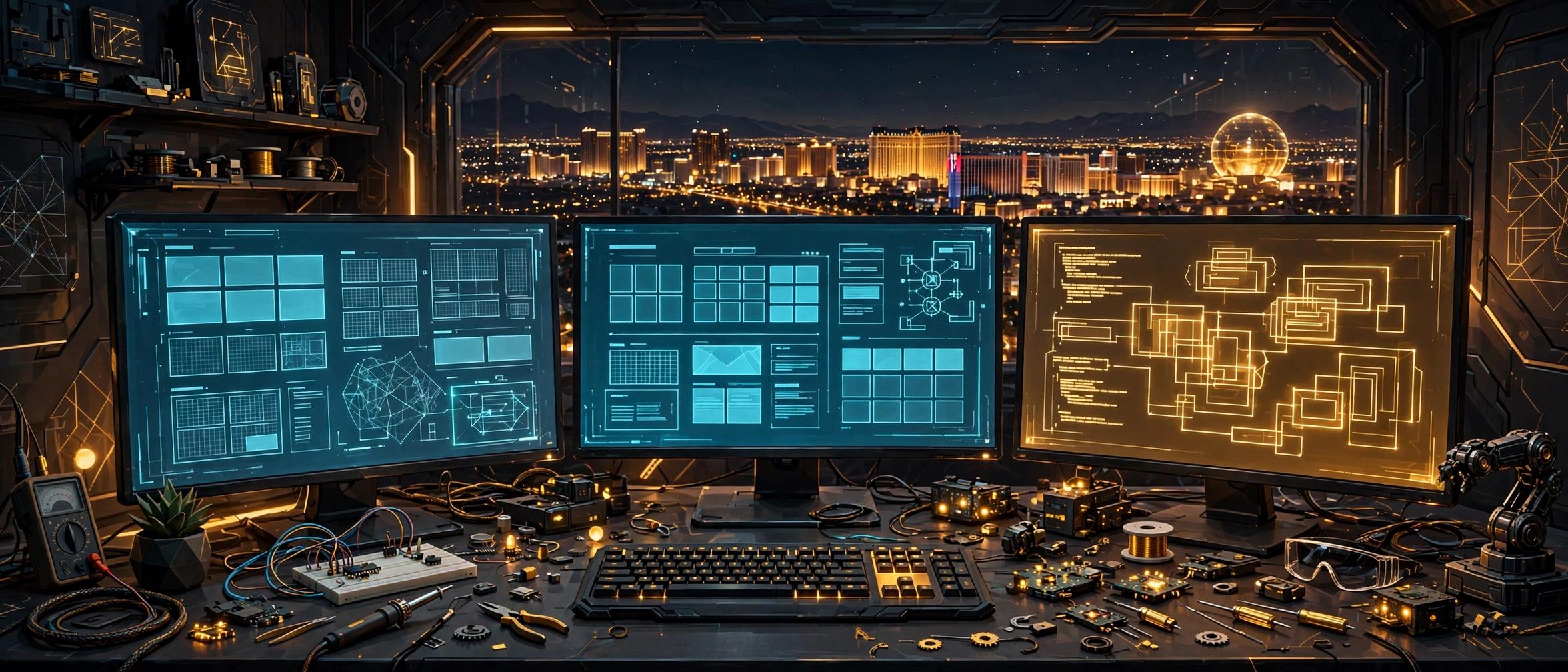 Illustration of a futuristic desk with three monitors showing wireframes, tools and parts, with the Las Vegas skyline and Sphere beyond the window.